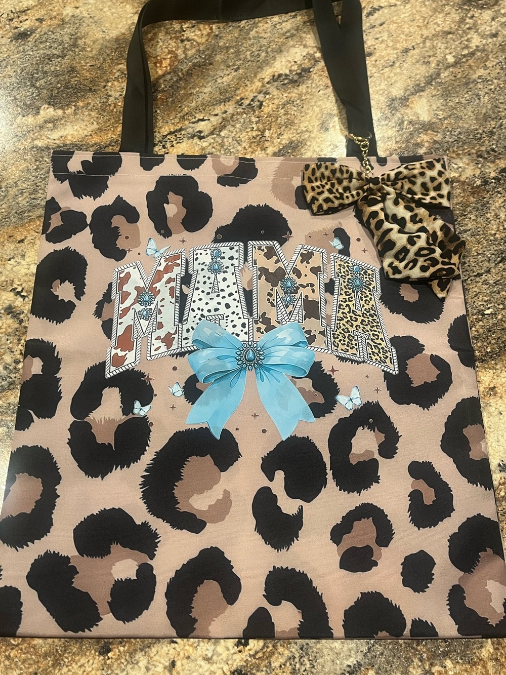 Leopard Print Tote Bag with Blue Bow Accent